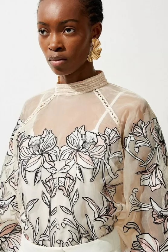 Store Karen Millen Floral Embroidery Organdie Woven Blouse ivory