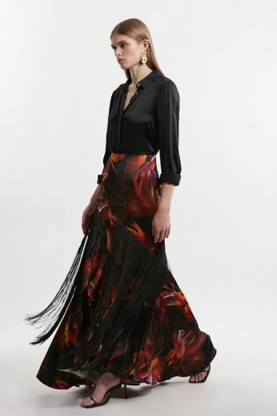 Discount Karen Millen Heavy Satin Panelled Fringed Woven Maxi Skirt floral