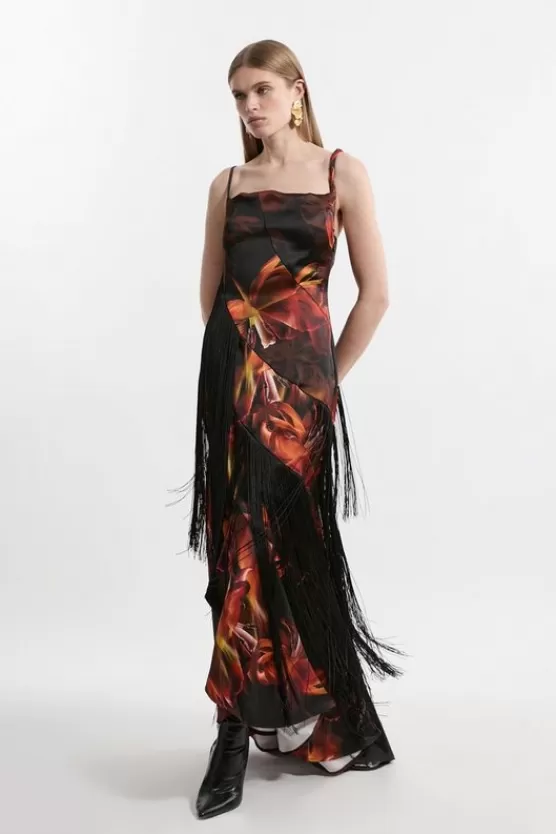 Hot Karen Millen Heavy Satin Panelled Fringed Woven Strappy Maxi Dress floral
