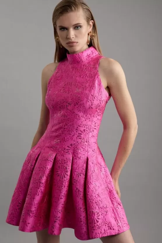 Outlet Karen Millen Floral Jacquard Halter Full Skirt Tailored Mini Dress pink