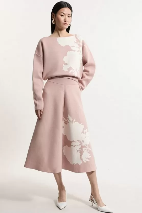 Fashion Karen Millen Floral Jacquard Viscose Blend Milano Knit Midi Skirt Co-Ord mauve