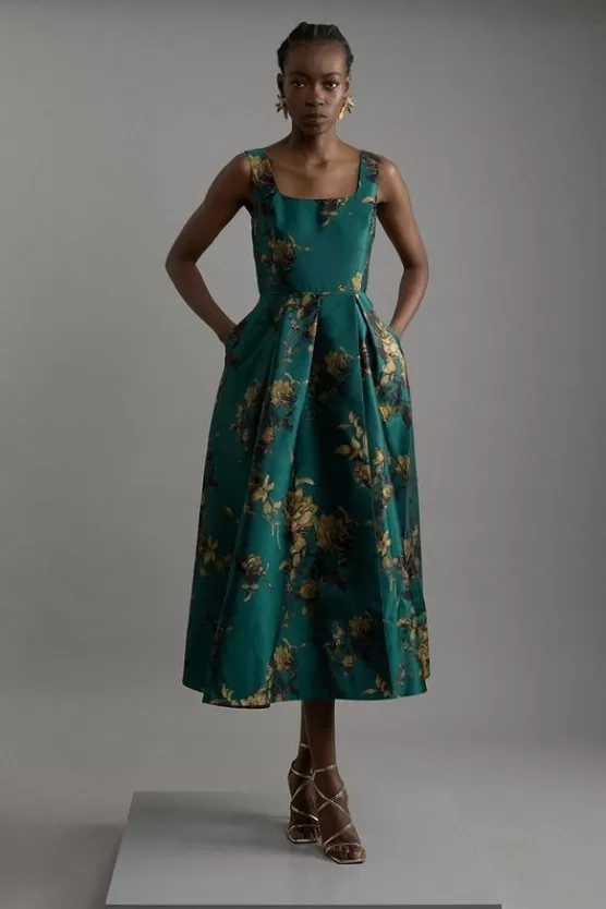 Best Karen Millen Floral Jacquard Woven Midaxi Dress green