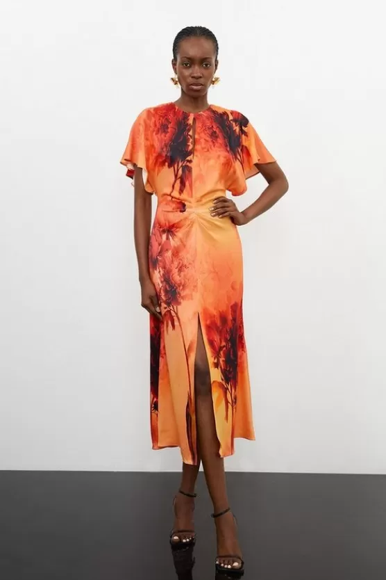 Fashion Karen Millen Floral Print Satin Crepe Woven Angel Sleeve Midi Dress burntorange