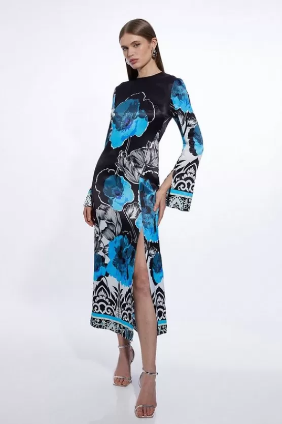 Cheap Karen Millen Floral Print Satin Crepe Woven Maxi Dress navy