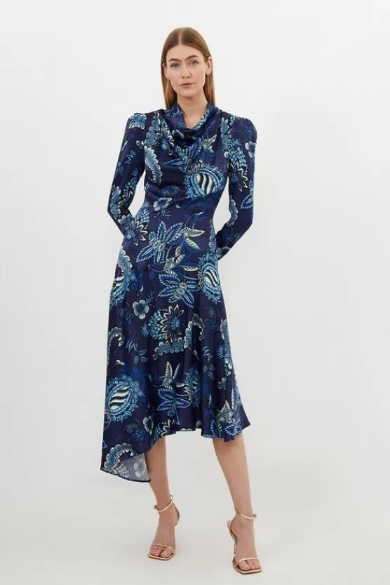 Online Karen Millen Floral Print Viscose Satin Asymmetric Woven Maxi Dress blue