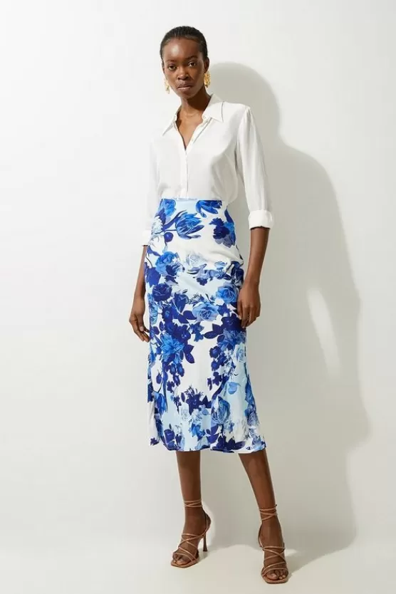 Outlet Karen Millen Floral Printed Morocain Woven Maxi Skirt blue