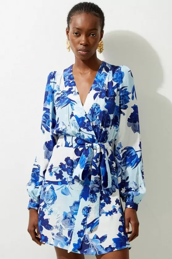 Discount Karen Millen Floral Printed Morocain Woven Wrap Mini Dress blue