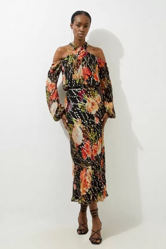Hot Karen Millen Floral Printed Viscose Metallic Thread Beaded Cross Neck Woven Midi Dress black