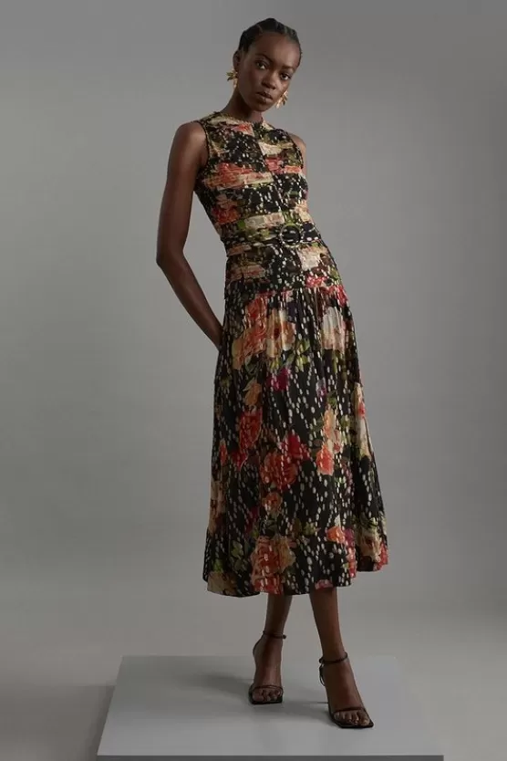 Online Karen Millen Floral Printed Viscose Metallic Thread Beaded Woven Midaxi Dress black
