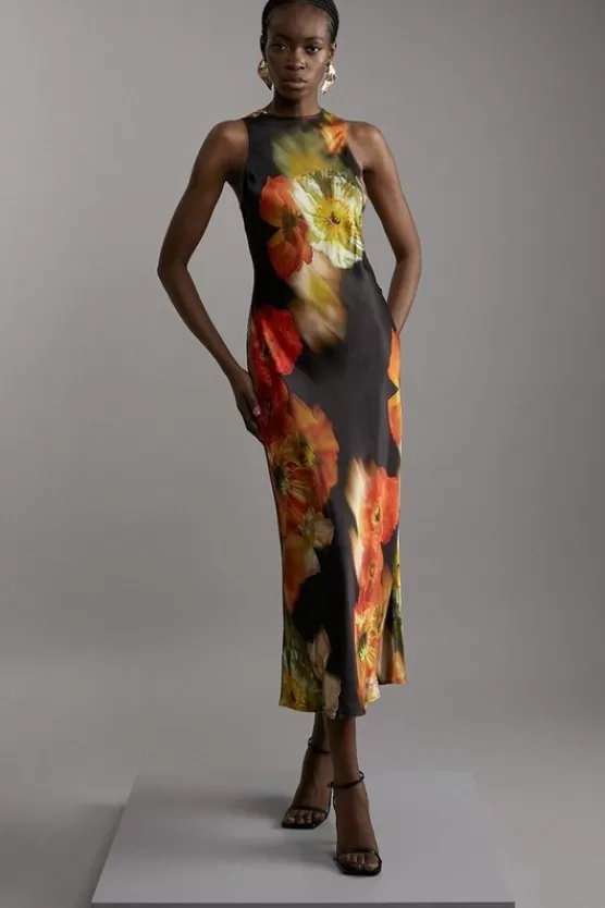 Clearance Karen Millen Satin Woven Column Maxi Dress floral