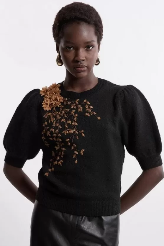 Outlet Karen Millen Flower And Beaded Puff Sleeve Knit Tee black