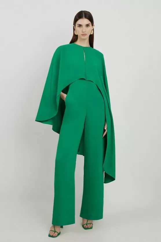 Flash Sale Karen Millen Fluid Tailored Asymmetric Draped Cape Straight Leg Jumpsuit green