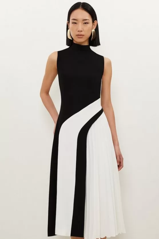 Flash Sale Karen Millen Fluid Tailored Color Block High Neck Pleated Midi Dress ivory