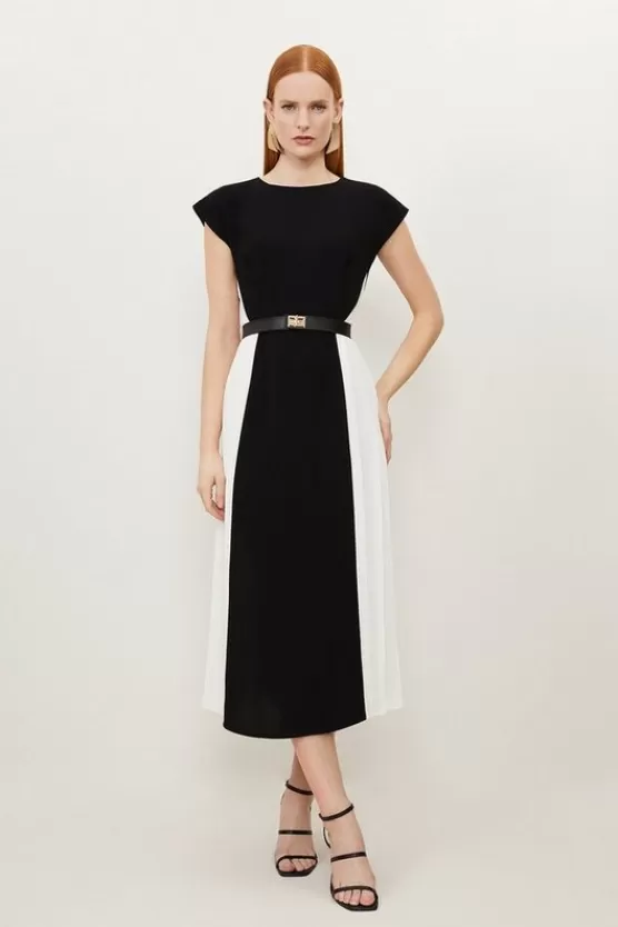 New Karen Millen Fluid Tailored Contrast Pleated Panel Skirt Midi Dress mono