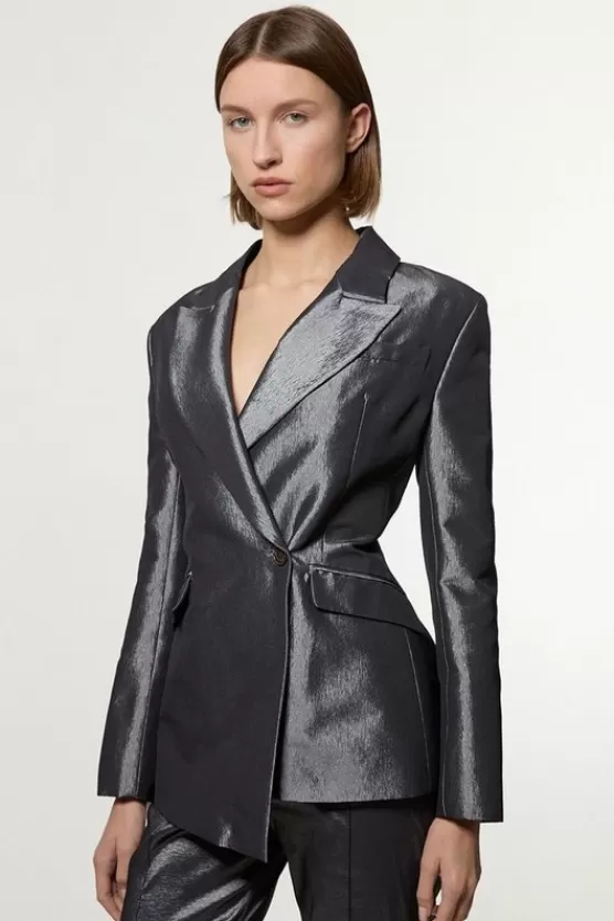 Discount Karen Millen Fluid Tailored Metallic Asymmetric Wrap Blazer silver