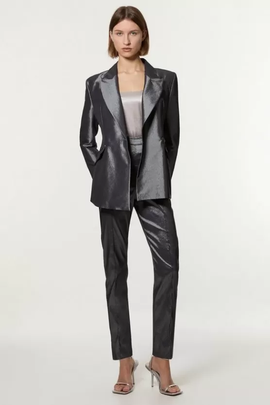 Sale Karen Millen Fluid Tailored Metallic Straight Leg Pants silver