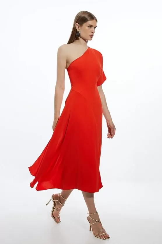 Cheap Karen Millen Fluid Tailo One Shoulder Asymmetric Drape Midi Dress red