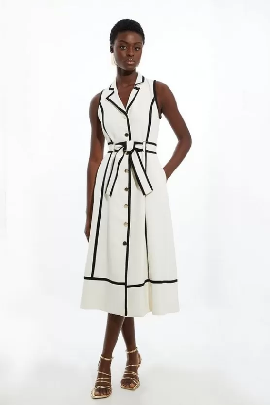 Best Sale Karen Millen Fluid Tailored Sleeveless Belted Contrast Tipped Midaxi Shirt Dress ivory