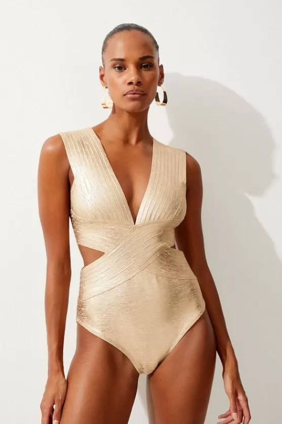 Sale Karen Millen Foiled Bandage Textured V Neck Swimsuit gold