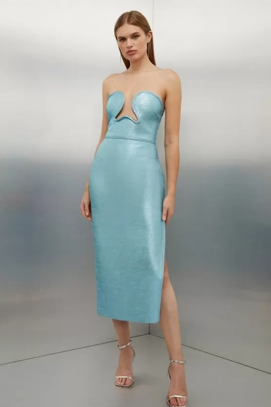 New Karen Millen Foiled Figure Form Bandage Corset Detail Knit Midi Dress paleblue