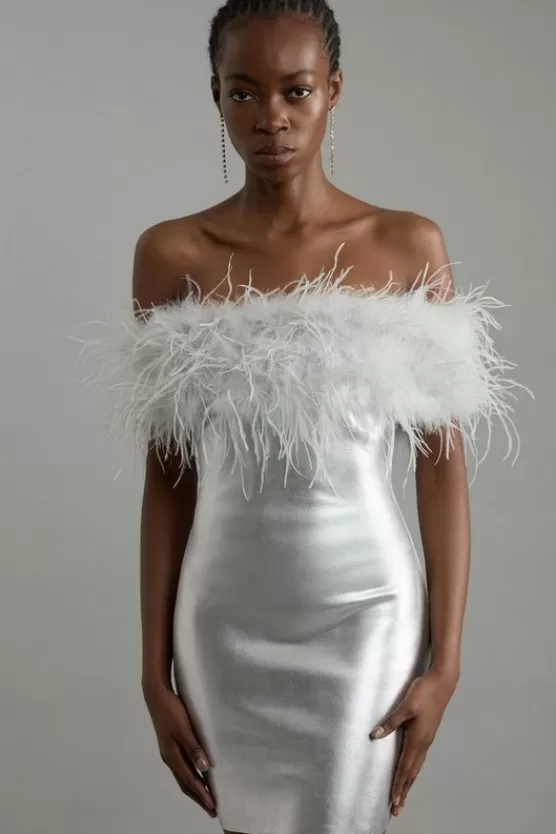 Cheap Karen Millen Foiled Figure Form Bandage Knit Feather Off The Shoulder Mini Dress silver