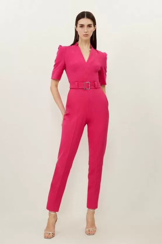 Sale Karen Millen Forever Belted Notch Neck Tailored Jumpsuit fuchsia