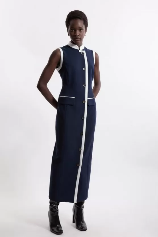 Best Karen Millen Formal Tailored Compact Stretch Sleeveless Fitted Maxi Dress navy