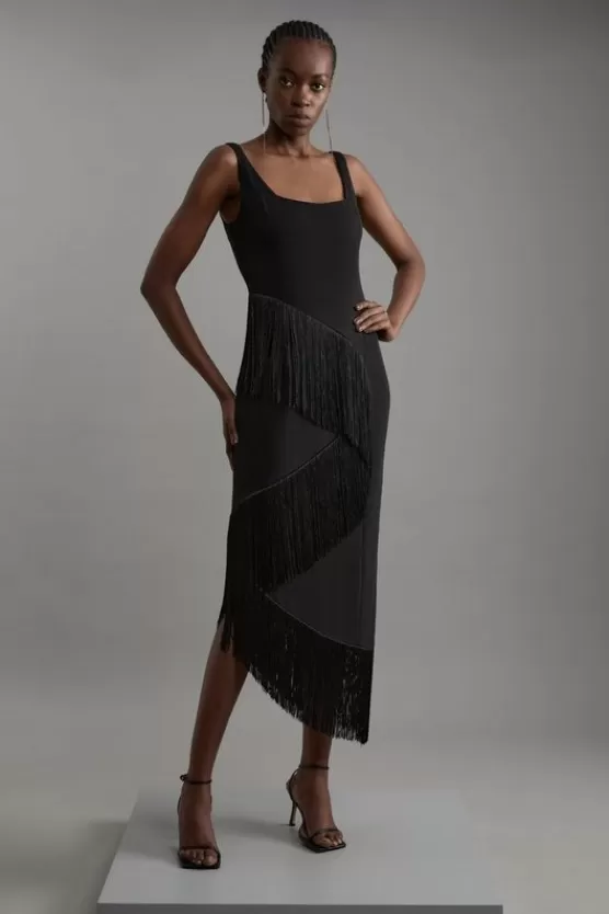 Store Karen Millen Fringe Tassel Drape Tailored Pencil Midi Dress black