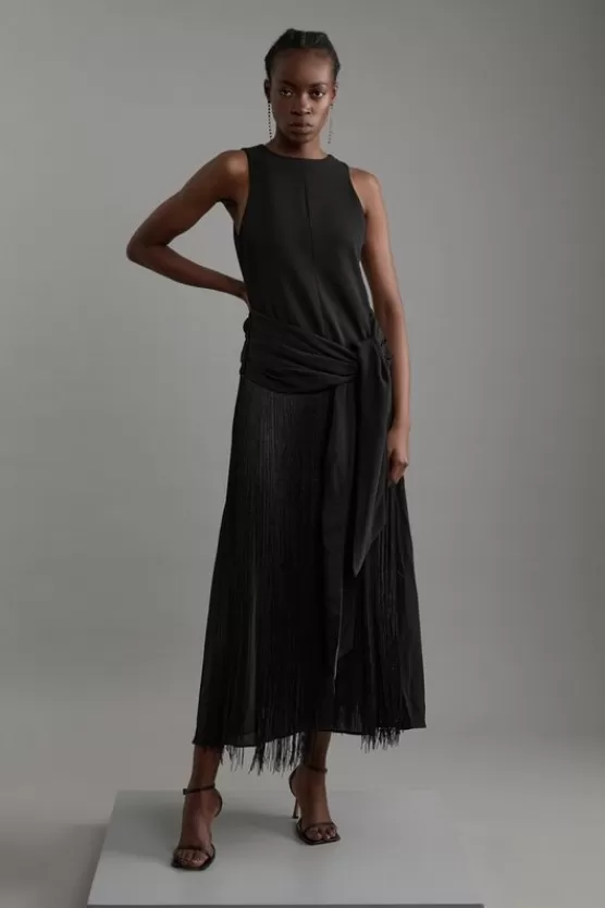 Fashion Karen Millen Fringe Tassle Halter Neck Tailored Maxi Dress black