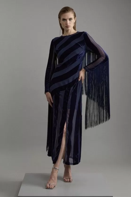 Discount Karen Millen Fringed Velvet Devore Long Sleeve Woven Maxi Dress navy