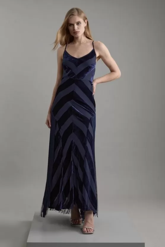 Cheap Karen Millen Fringed Velvet Devore Woven Maxi Dress navy