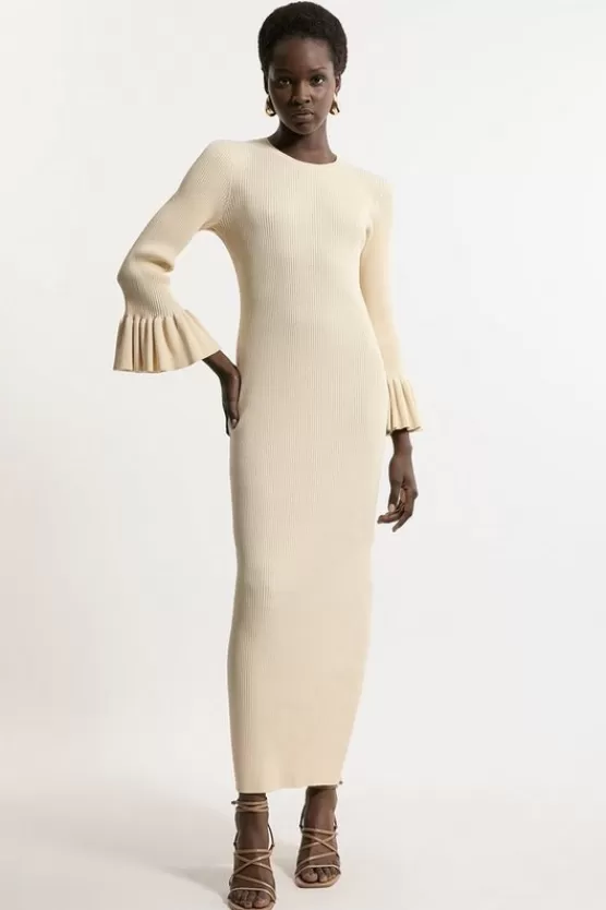 Fashion Karen Millen Full Sleeve Rib Knit Midi Dress ivory