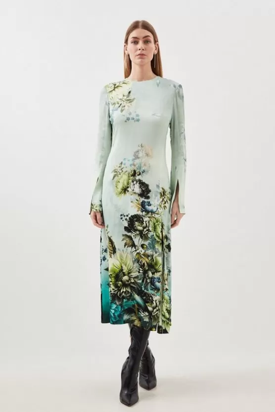 Best Karen Millen Garden Floral Woven Viscose Satin Midi Dress blue