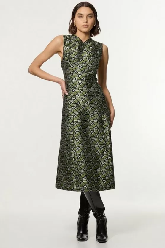 Cheap Karen Millen Geo Jacquard Twill Tailored Full Skirted Midi Dress green