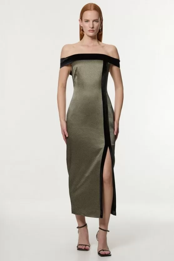 Sale Karen Millen Jacquard Velvet Mix Tailored Off The Shoulder Midi Dress geo