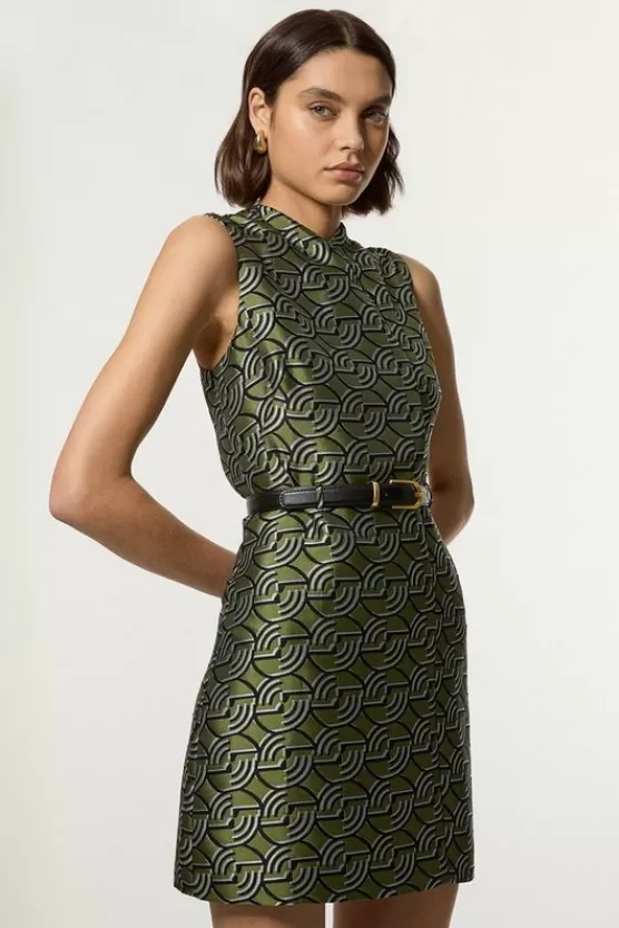 Fashion Karen Millen Geometric Jacquard Twill Tailored Belted Mini Dress green