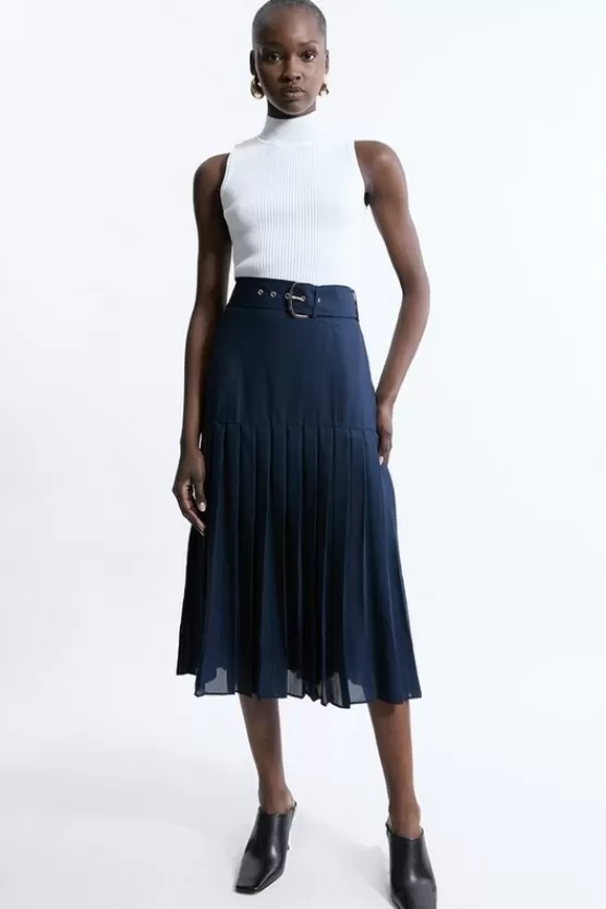 Best Karen Millen Georgette Asymmetric Pleat Woven Midi Skirt navy