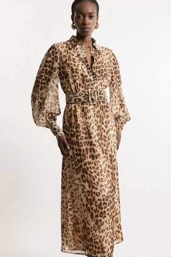 New Karen Millen Georgette Belted Woven Shirt Dress leopard