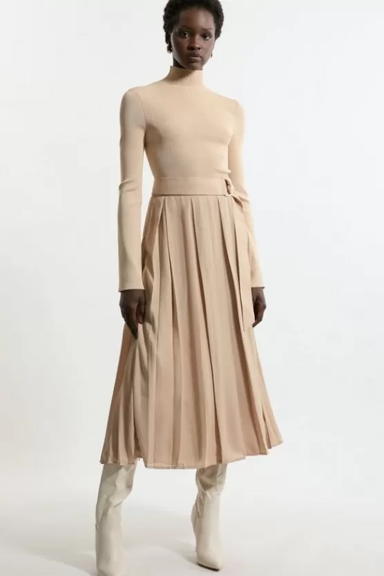 Clearance Karen Millen Georgette Belted Pleat Woven Midi Skirt camel