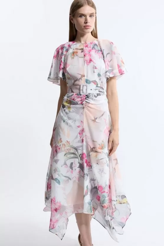 New Karen Millen Georgette Belted Woven Midi Dress floral