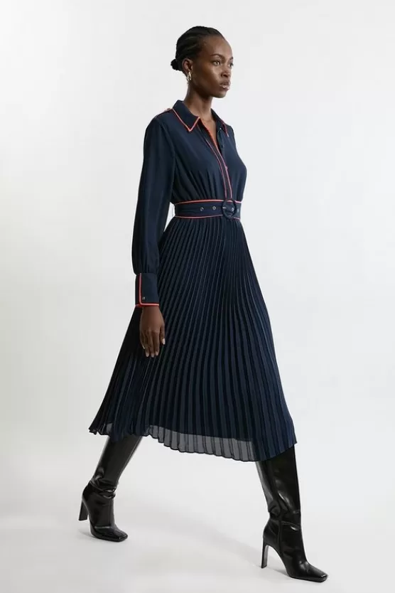 New Karen Millen Georgette Pleated Piping Detail Woven Belted Maxi Dress navy