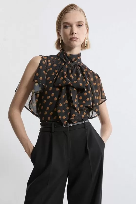 Hot Karen Millen Georgette Spot Pussy Bow Tie Woven Blouse black