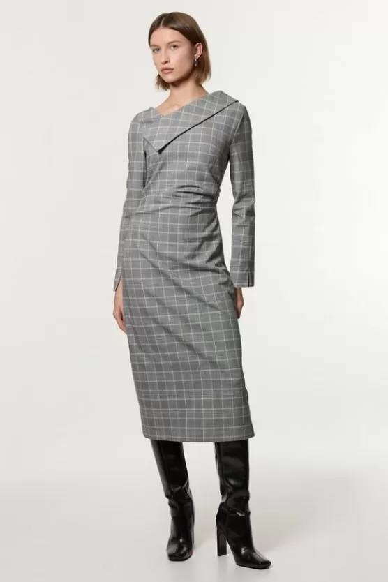 Flash Sale Karen Millen Check Tailored Asymmetrical Collared Fitted Maxi Dress grey