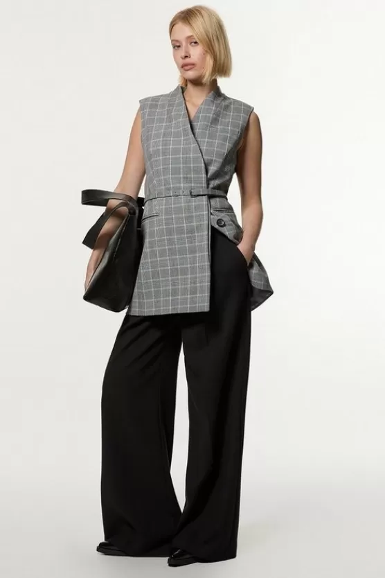 Shop Karen Millen Check Tailored Collarless Belted Sleeveless Blazer grey