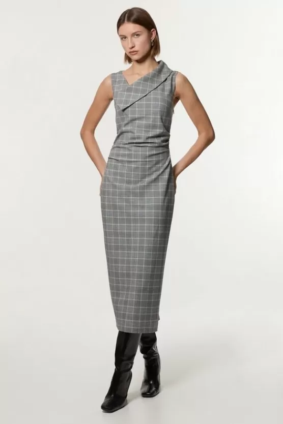 Flash Sale Karen Millen Check Tailored Full Skirted Asymmetrical Maxi Dress grey