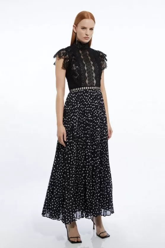 Cheap Karen Millen Guipure Lace Dot Pleated Skirt Midi Dress mono