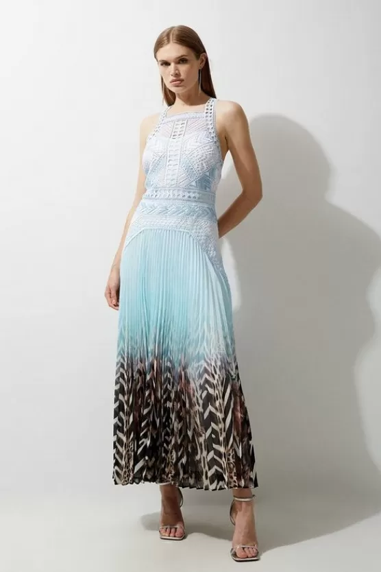 Sale Karen Millen Guipure Lace Printed Pleated Racer Woven Maxi Dress blue