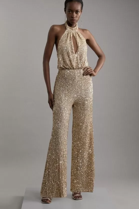 Outlet Karen Millen Halter Jersey Stretch Sequin Wide Leg Jumpsuit gold