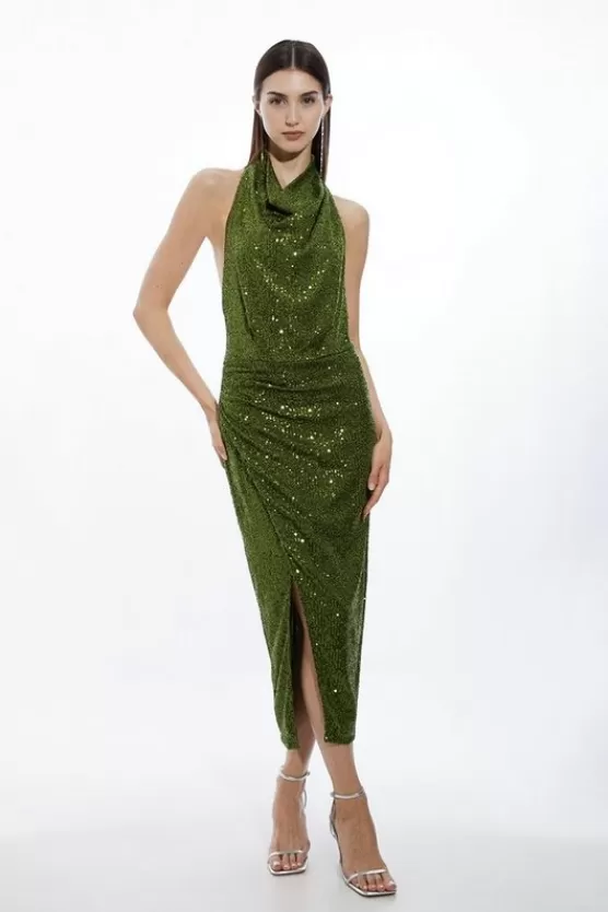 Shop Karen Millen Halterneck Sequin Jersey Side Split Maxi Dress khaki