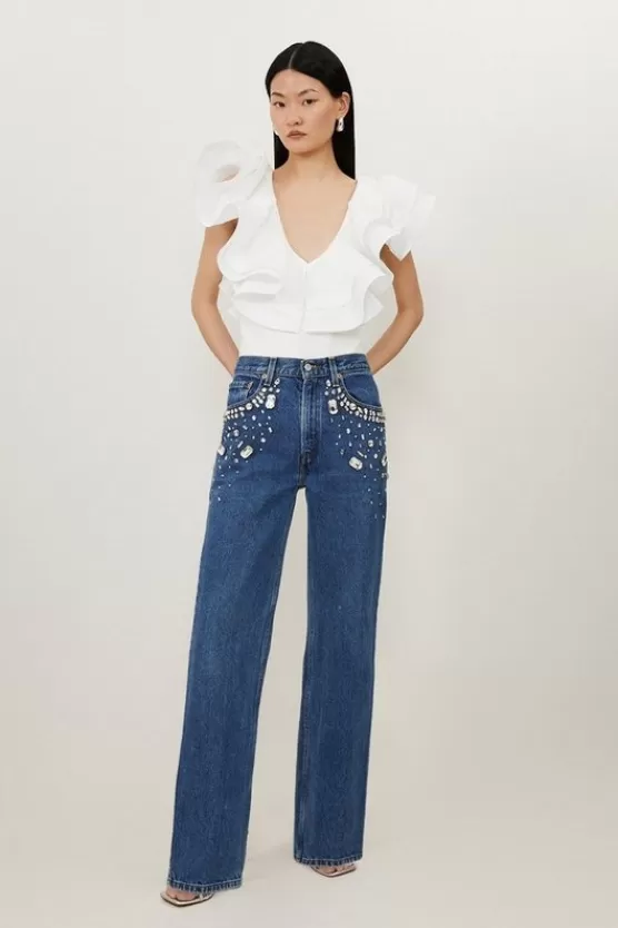 Cheap Karen Millen Hand Embellished Vintage Straight Leg Jean midwash